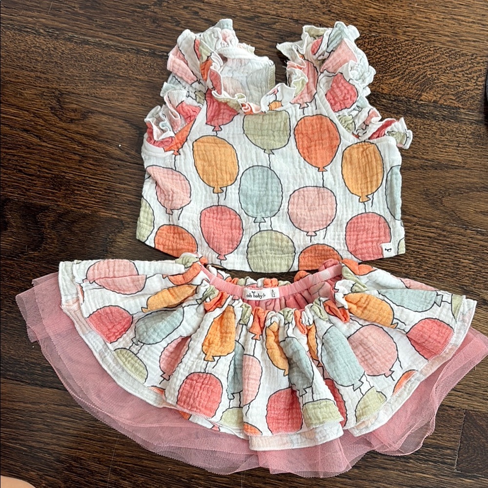 Balloon Print Ruffle Top & Tulle Skirt Set - Pastel Multi